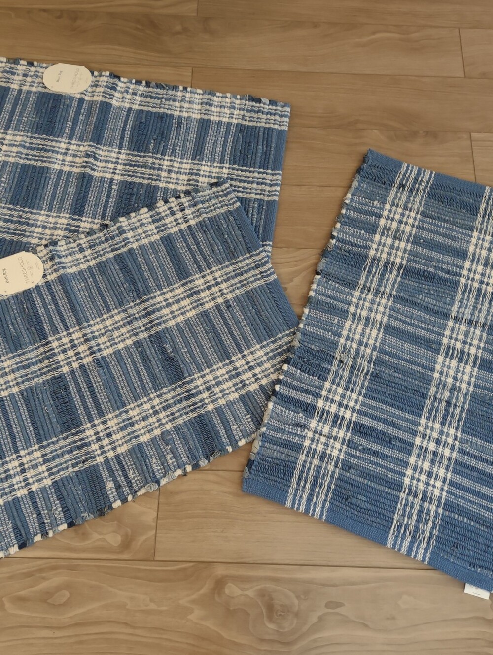 Set of 3 CottageCore Cotton Rugs New With Tags. Indigo Chambray Blue Hues 20x30